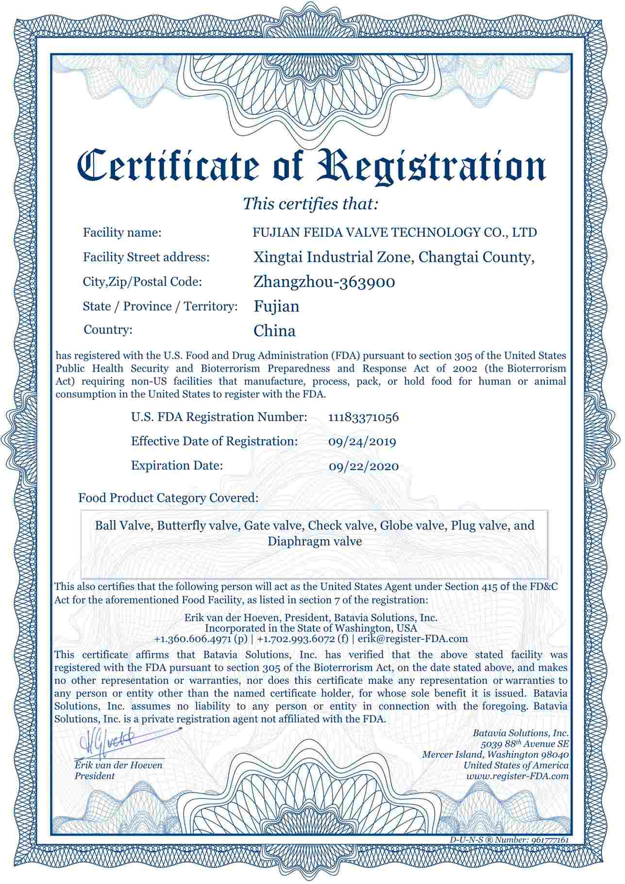 Certificado de la Administración de Alimentos y Medicamentos de EE. UU. (FDA)
        